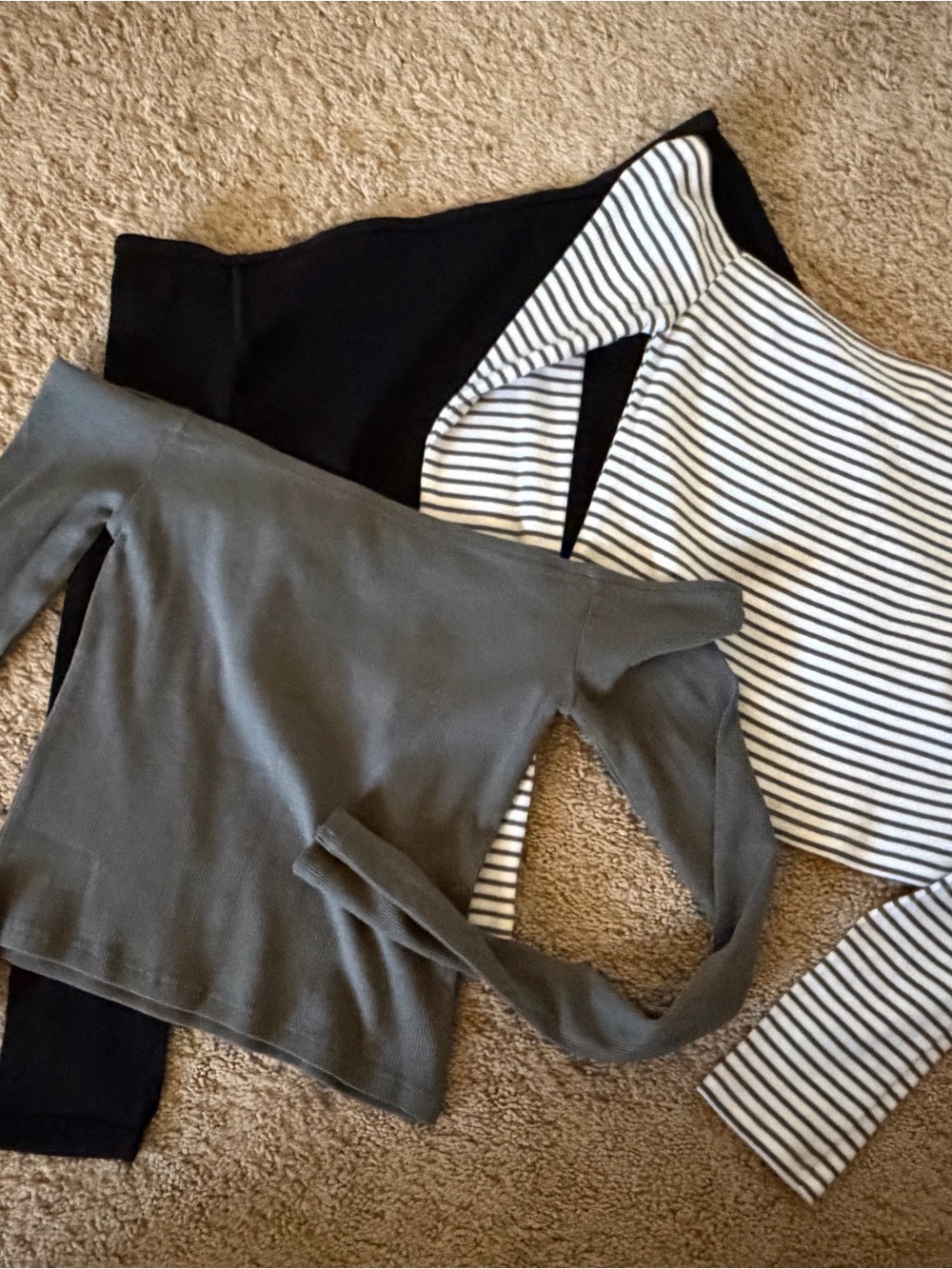 Pull&Bear Off-Shoulder Crop Tops Trio - Black, Olive & Striped